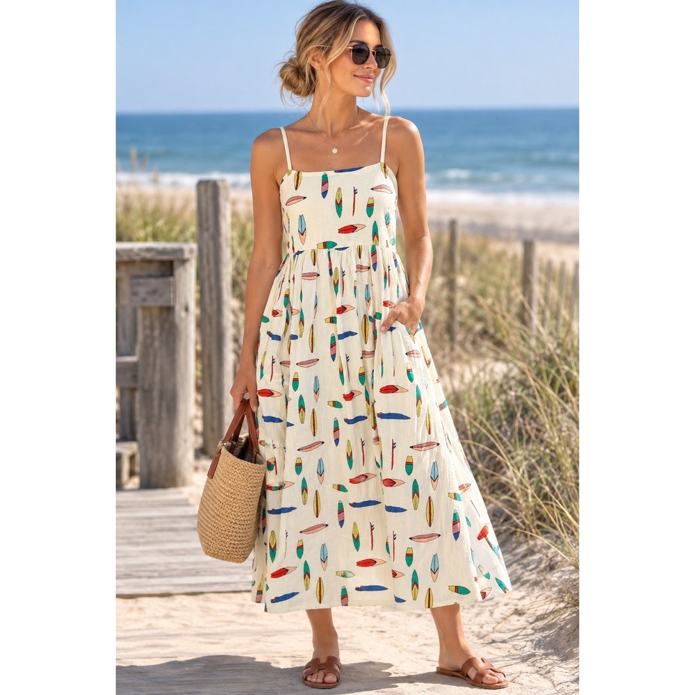 Hanna Andersson Maxi Dress Women XS Beachy Surfboard Print Cotton Gauze Pockets